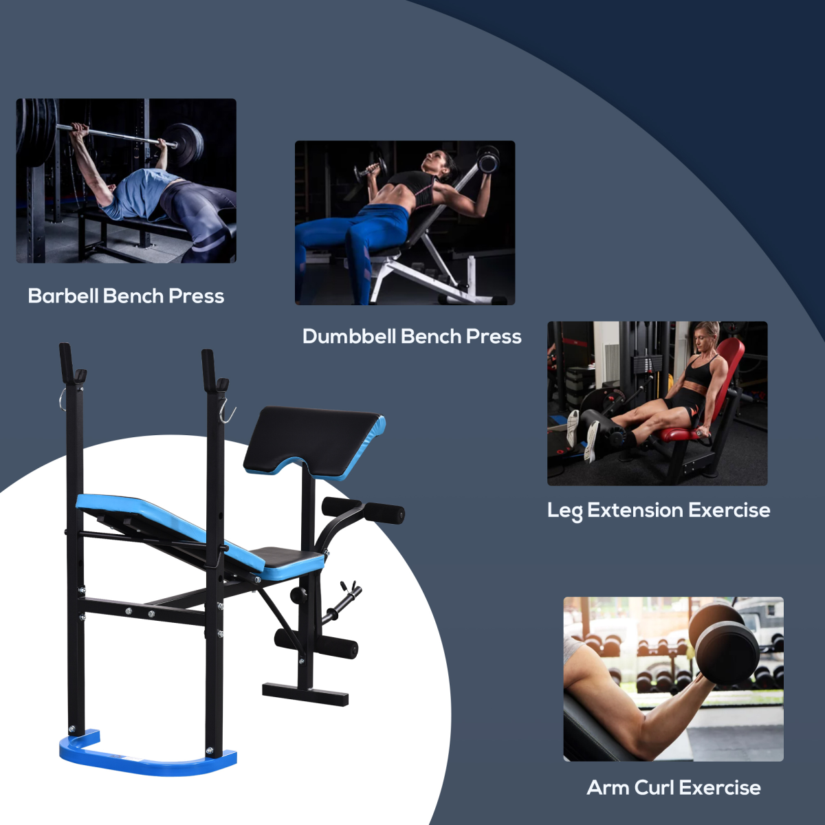 Adjustable Weight Bench with Leg Developer and 3-Level Adjustable Barbell Rack for Home Gym