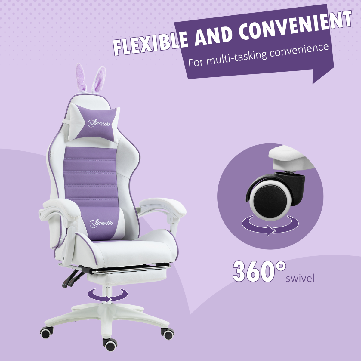 Vinsetto Racing Style Gaming Chair with Footrest, Removable Bunny Ears, Purple