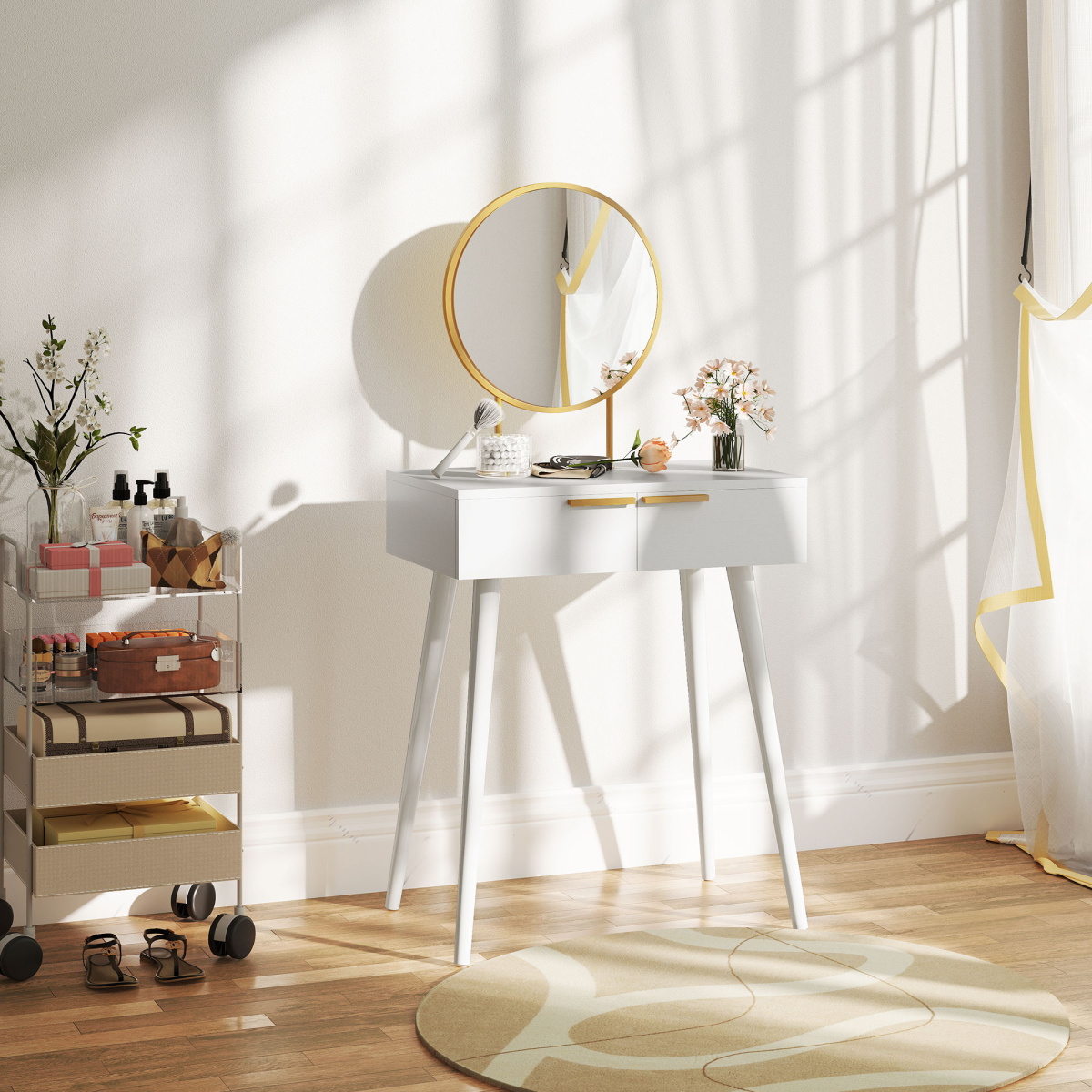 HOMCOM Modern Dressing Table with 2 Drawers & Round Mirror, White