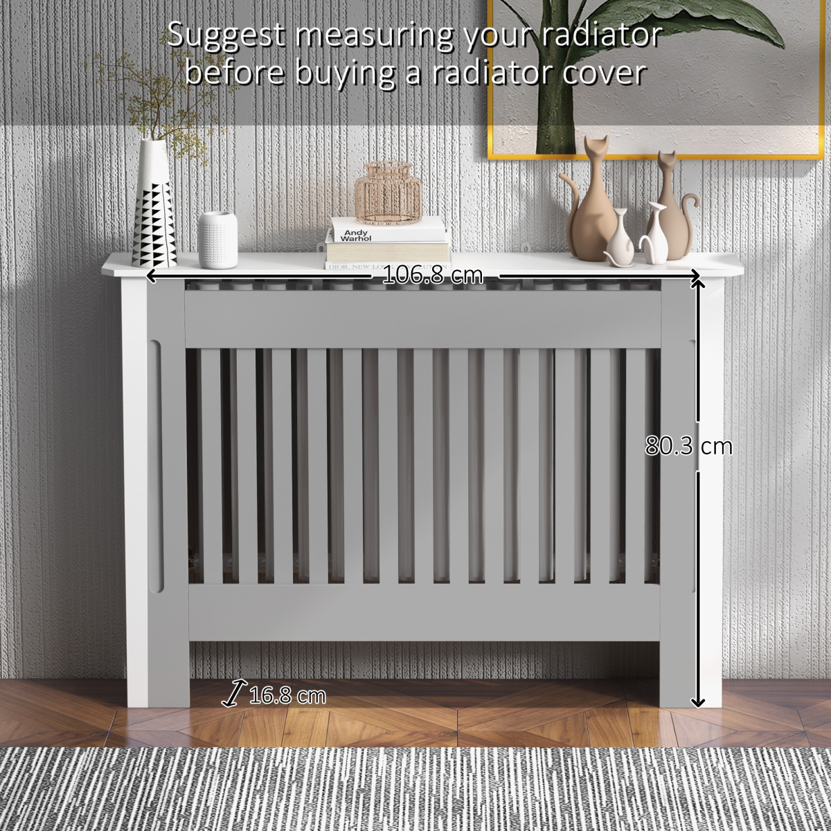 Radiator Cover Cabinet Painted Slatted MDF with Shelf, Lined Grill, 112 x 19 x 81 cm