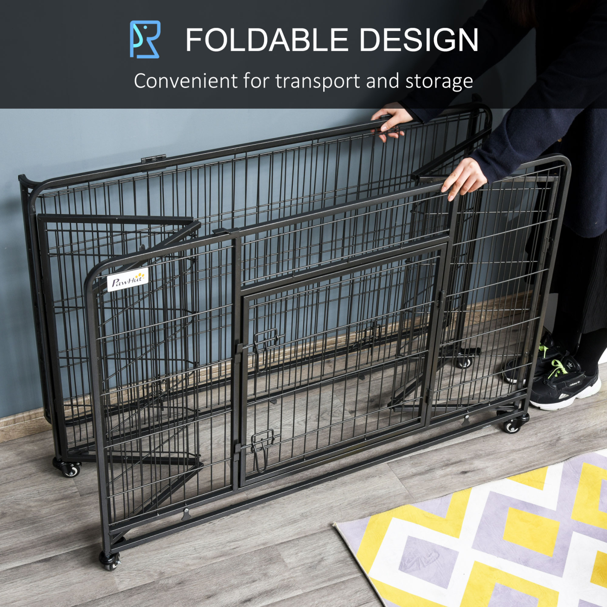 PawHut Metal Dog Crate with Locking Door, Wheels, Foldable Design & Removable Tray, Extra Large Dog Cage 125 x 76 x 81 cm