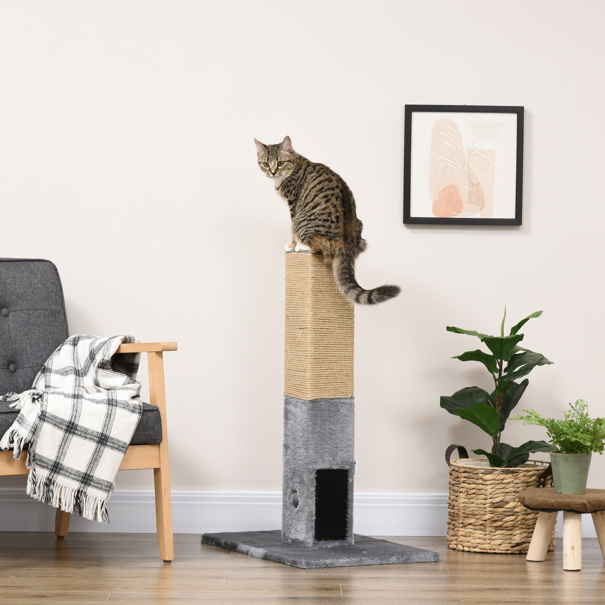 PawHut 79cm Cat Scratching Post and Climber Activity Centre with Jute Scratching Post, Dangling Toy and Hidden Bell Toy, Grey