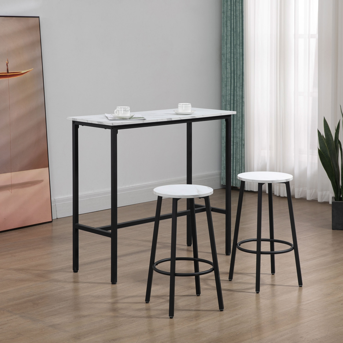 HOMCOM 3-Piece Bar Table Set for 2, Steel Frame, Footrest, White