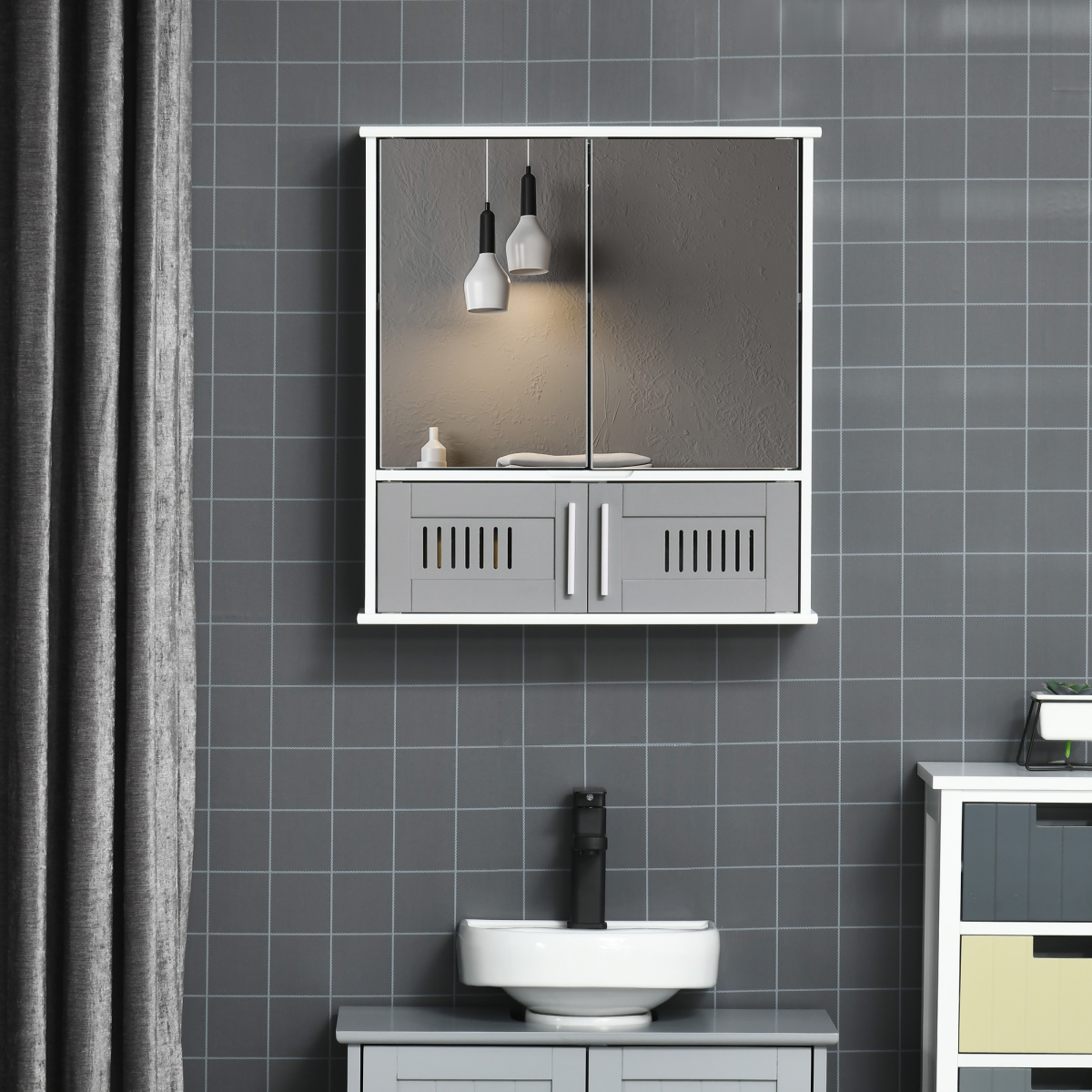 kleankin Bathroom Mirror Cabinet Wall Mounted Storage Cupboard with Mirrored Doors Grey
