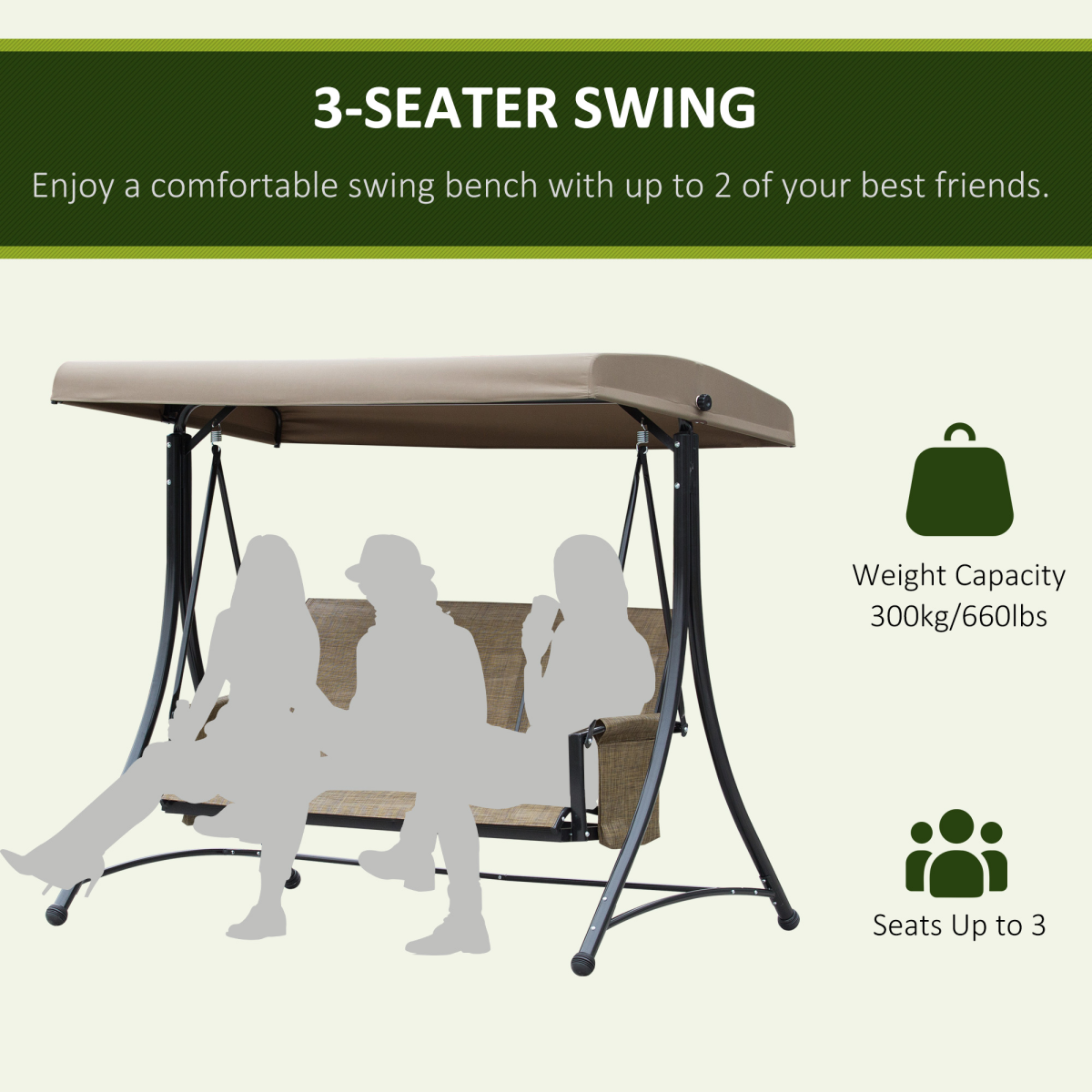 Outsunny 3-Person Swing Chair with Adjustable Canopy, Side Pockets and High Back, Brown