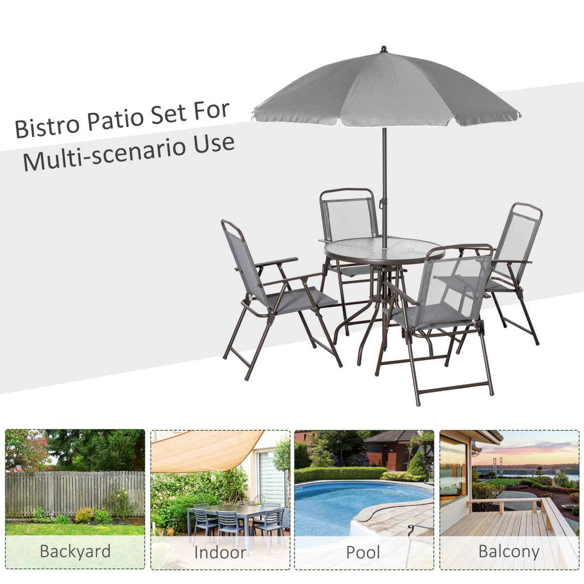 Outsunny 6-Piece Patio Dining Set with Umbrella, 4 Folding Chairs and Tempered Glass Table