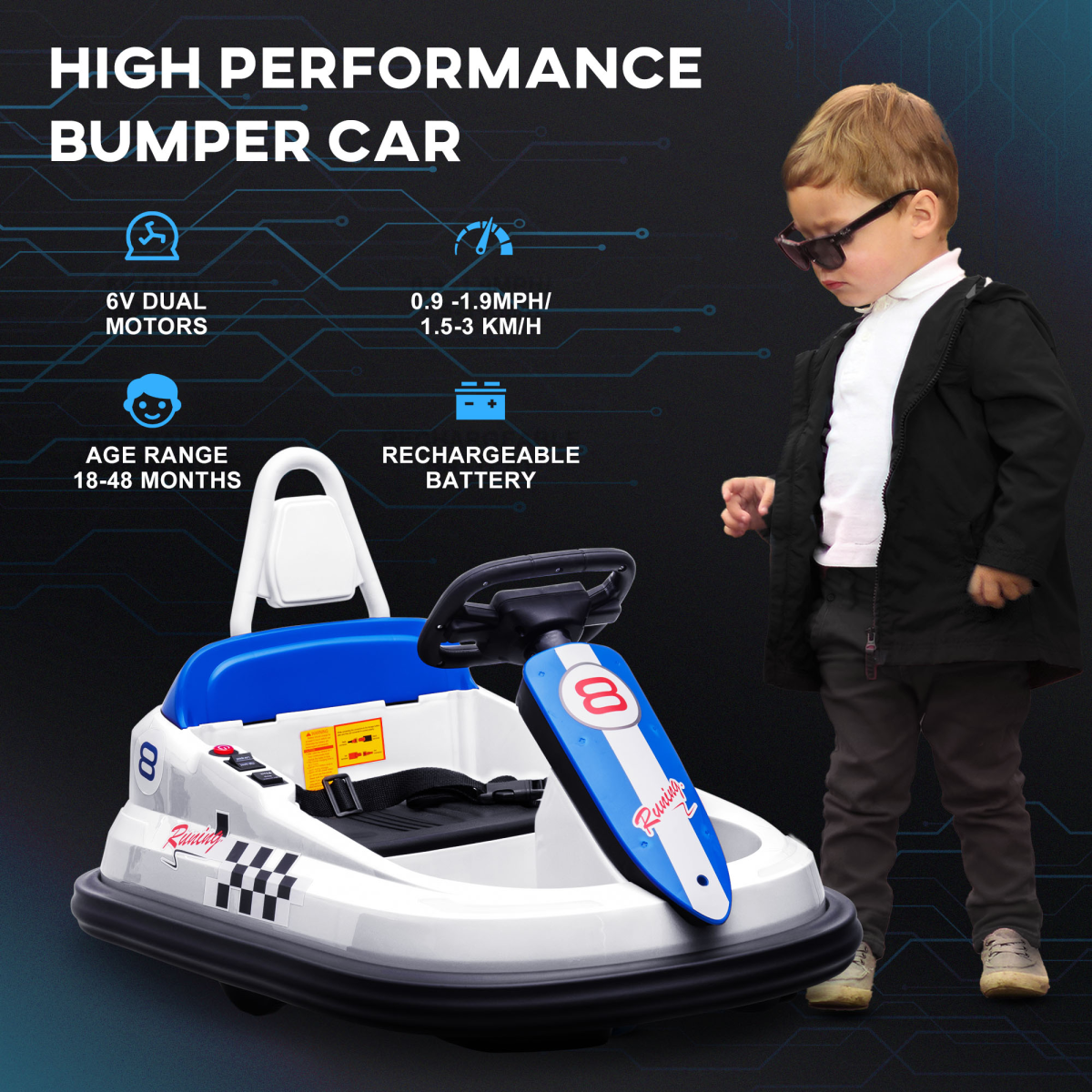 HOMCOM 6V Kids Bumper Car, 360° Spin Ride-On, 2 Speeds, White