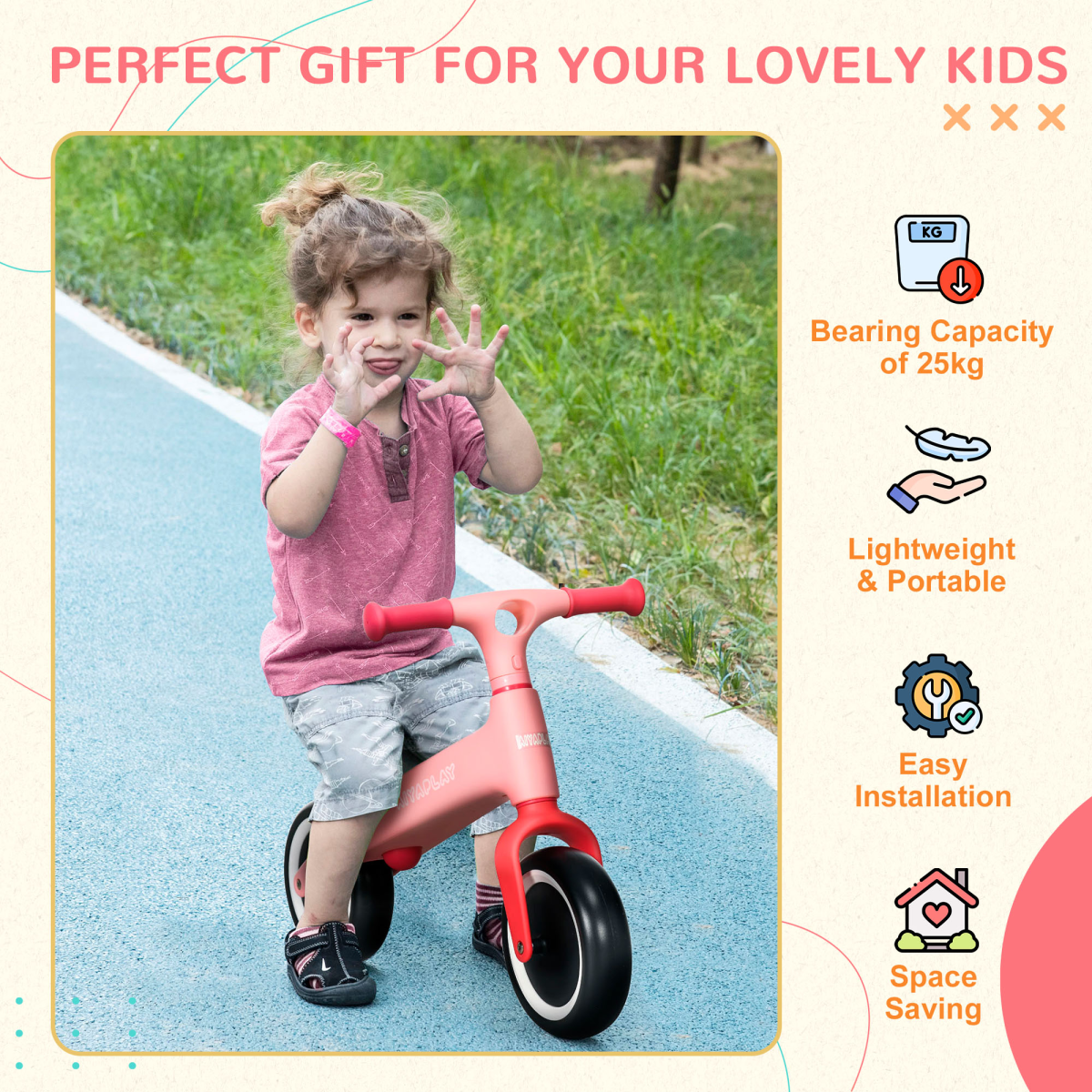 AIYAPLAY Toddler Balance Bike with Adjustable Seat, Wide Wheels, Pink