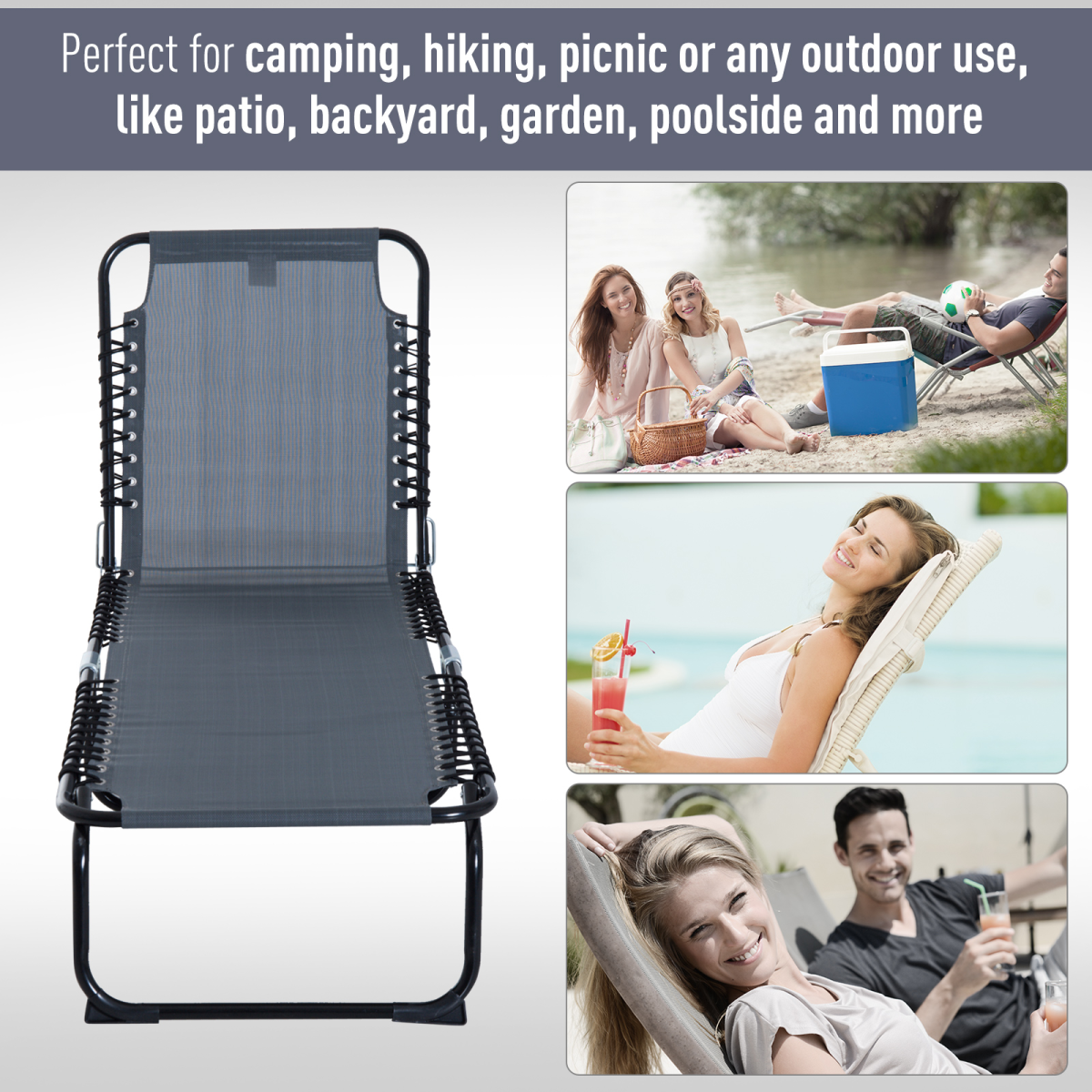 Foldable Outdoor Sun Lounger Chair with 4-Level Adjustable Backrest, Steel Frame, Texteline Seat, Outsunny