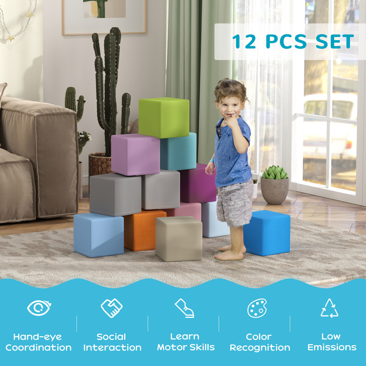 HOMCOM 12-Piece Soft Foam Play Blocks for Toddlers, Multicolour