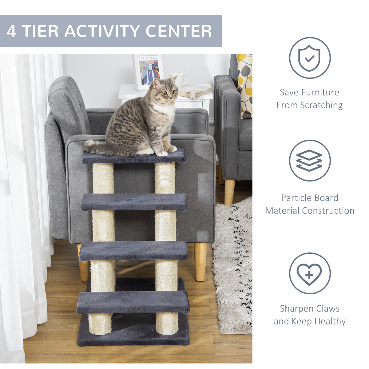 PawHut Plush Pet Stair Ladder for Cats and Dogs with Sisal Posts