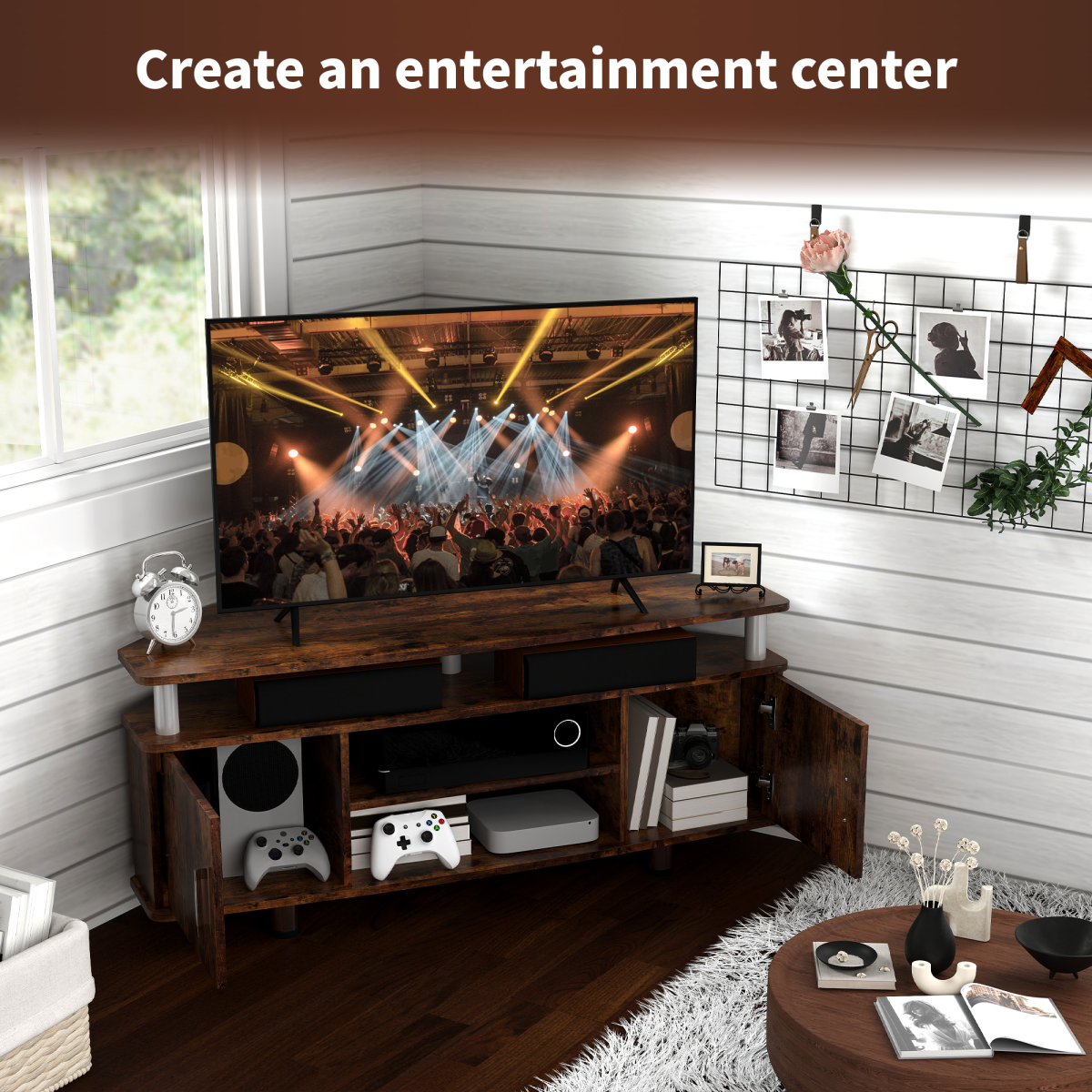 HOMCOM Rustic Brown TV Unit Cabinet with 2 Cupboards & Shelves