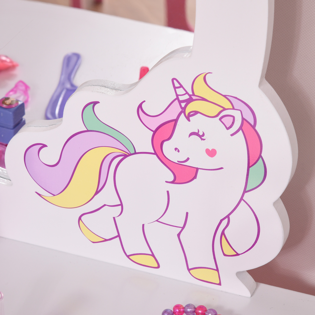 HOMCOM Kids Vanity Dressing Table Set with Mirror, Stool, Unicorn Design