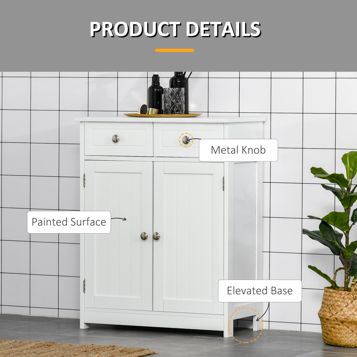 kleankin White Bathroom Floor Storage Cabinet with 2 Drawers, Cupboard and Adjustable Shelf, 75H x 60L x 30Wcm