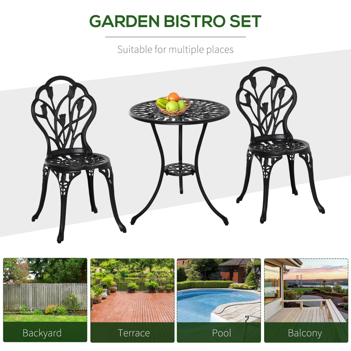 Outsunny 3 Piece Aluminium Bistro Set with Umbrella Hole, Black Garden Furniture