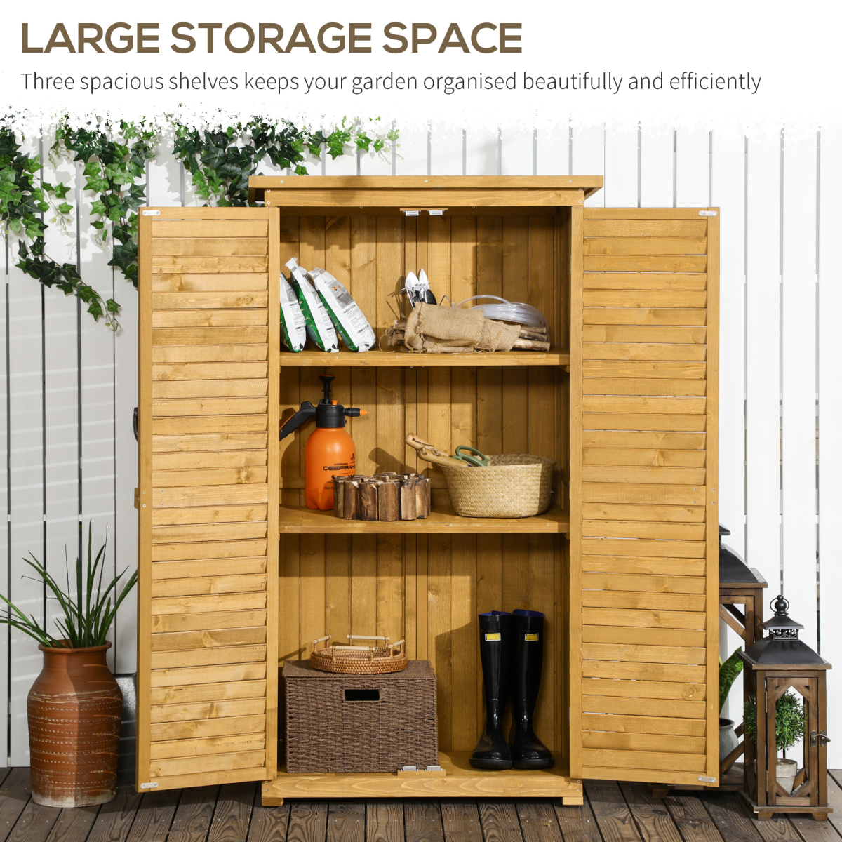 Outsunny Wooden Garden Storage Shed, Solid Fir Wood 3-Shelf Tool Cabinet with Double Doors and Lock