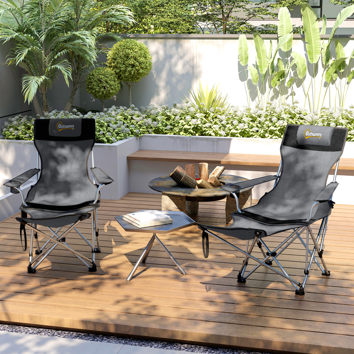 Outsunny Set of 2 Folding Reclining Camping Chairs with Footrest