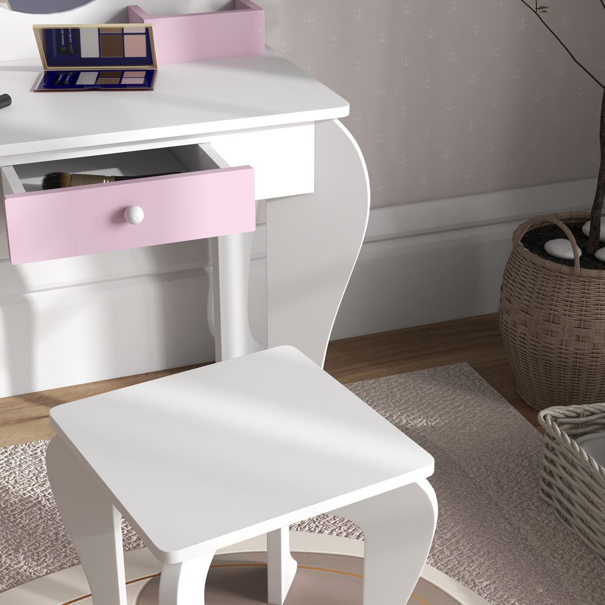 ZONEKIZ Kids Dressing Table Set with Mirror, Stool and Drawer, Unicorn Design, White and Pink