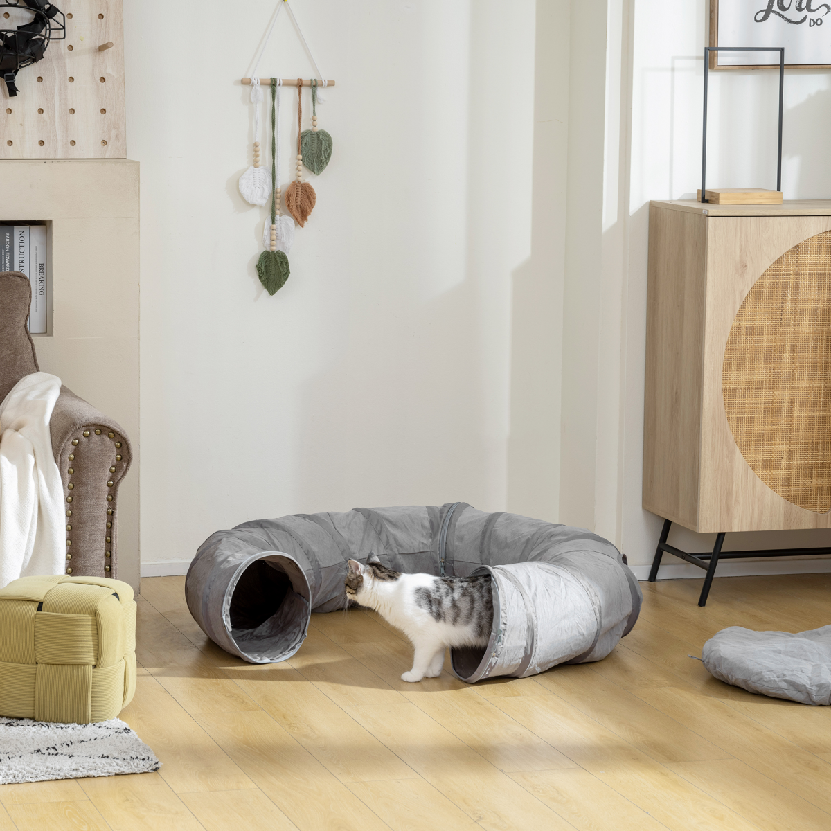 PawHut 2-in-1 Cat Tunnel Bed, Grey, Indoor Play Tunnel for Cats