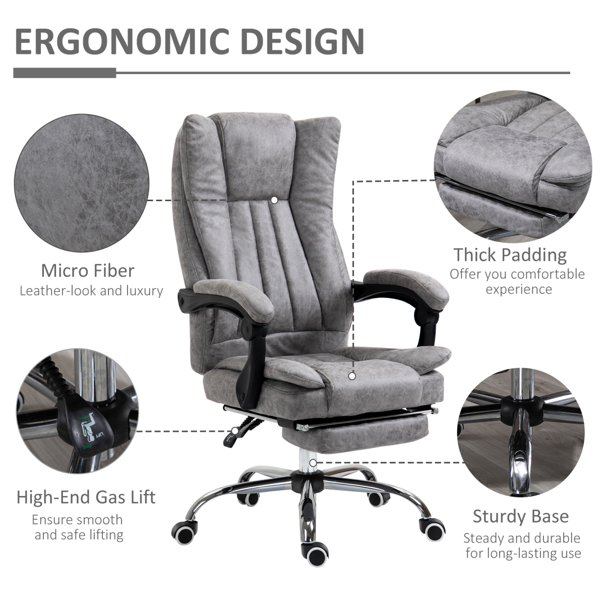 Vinsetto Grey Executive Swivel Office Chair with Footrest