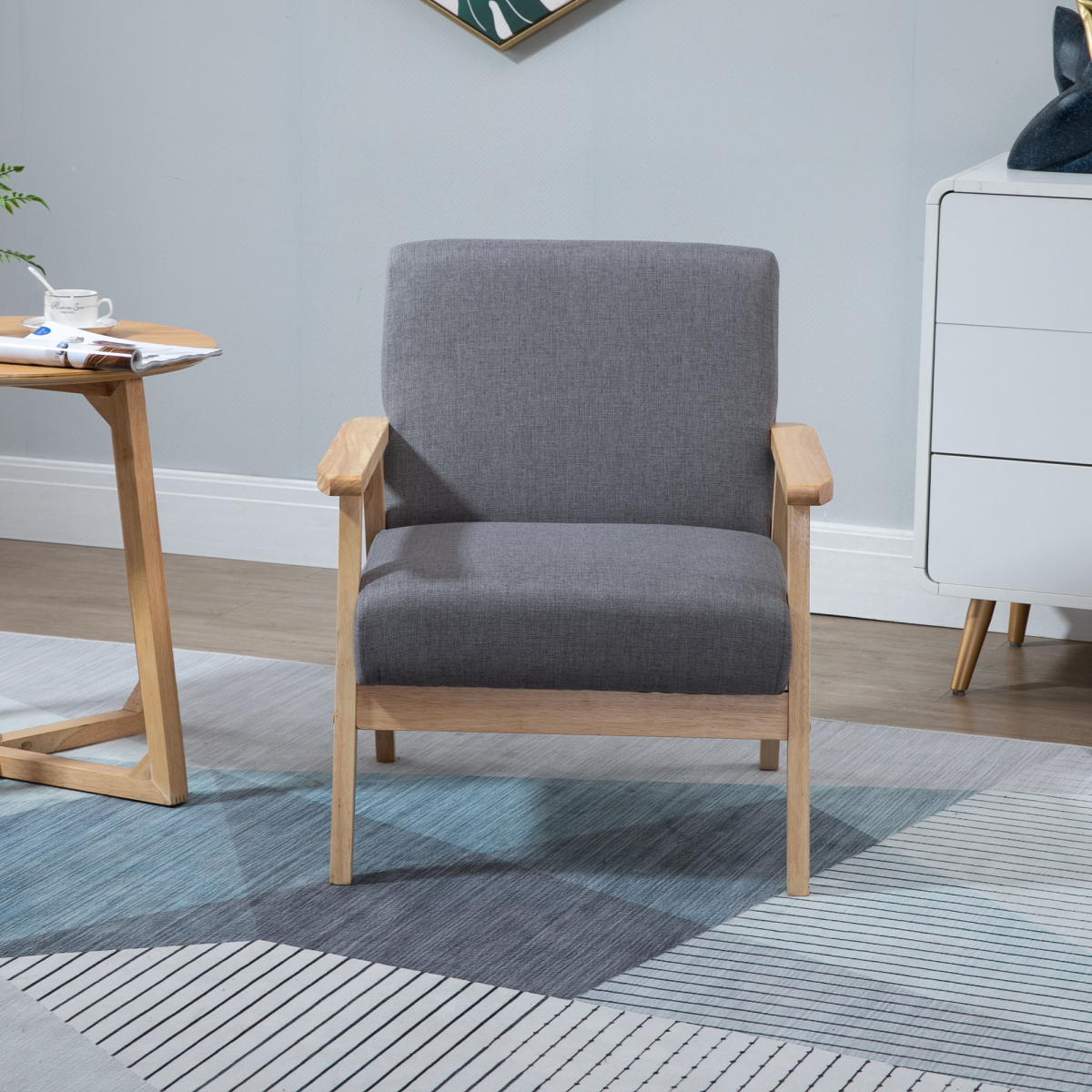HOMCOM Linen Upholstered Pine Wood Accent Armchair, Grey/Oak