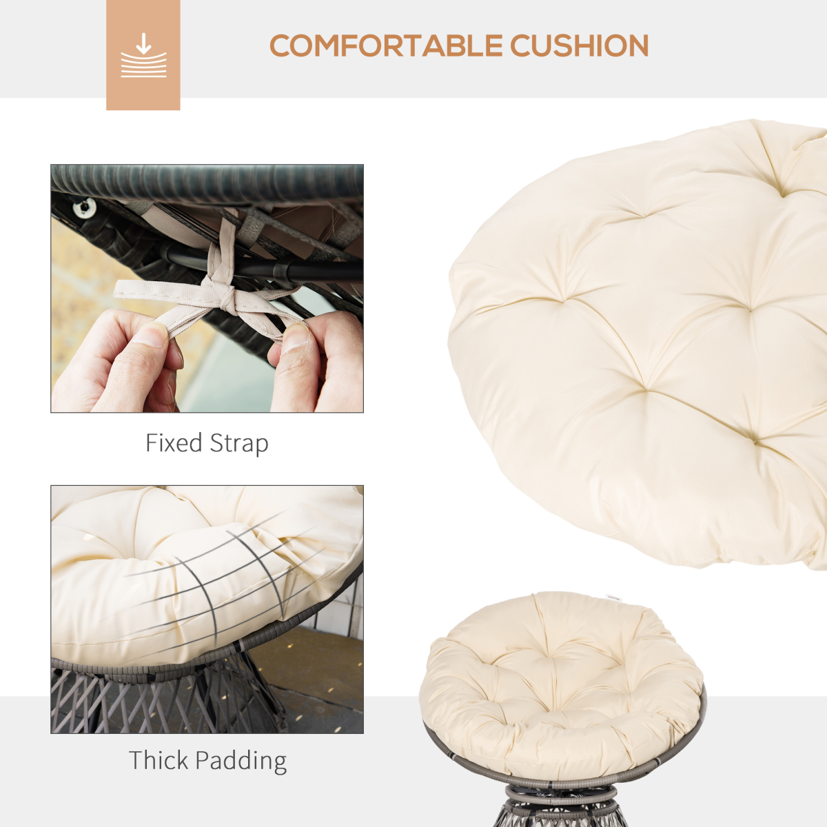 Outsunny 360° Swivel Rattan Papasan Moon Bowl Chair with Padded Cushion, Round Outdoor Garden Chair