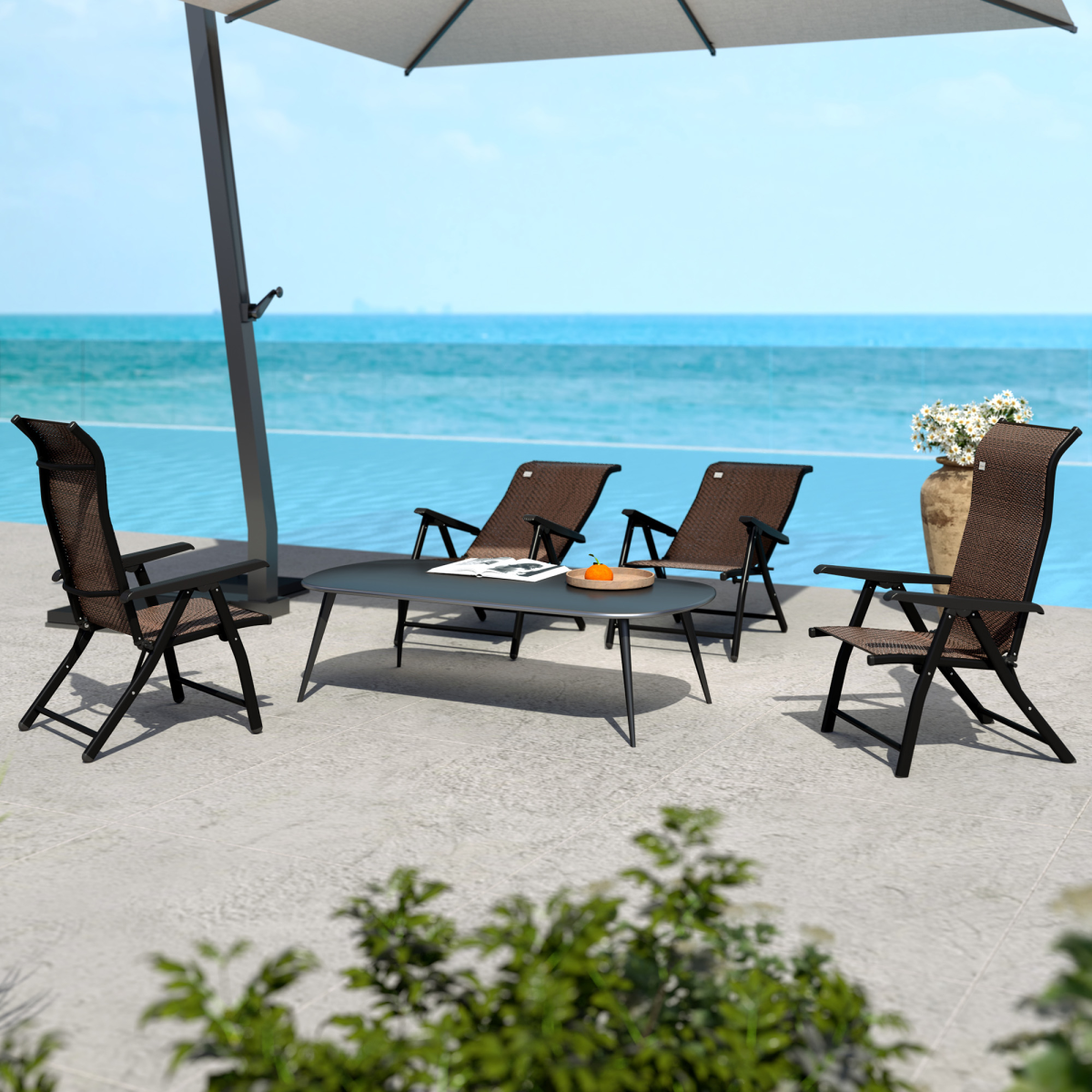 Outsunny Set of 4 Folding Outdoor Rattan Chairs, Adjustable Backrest