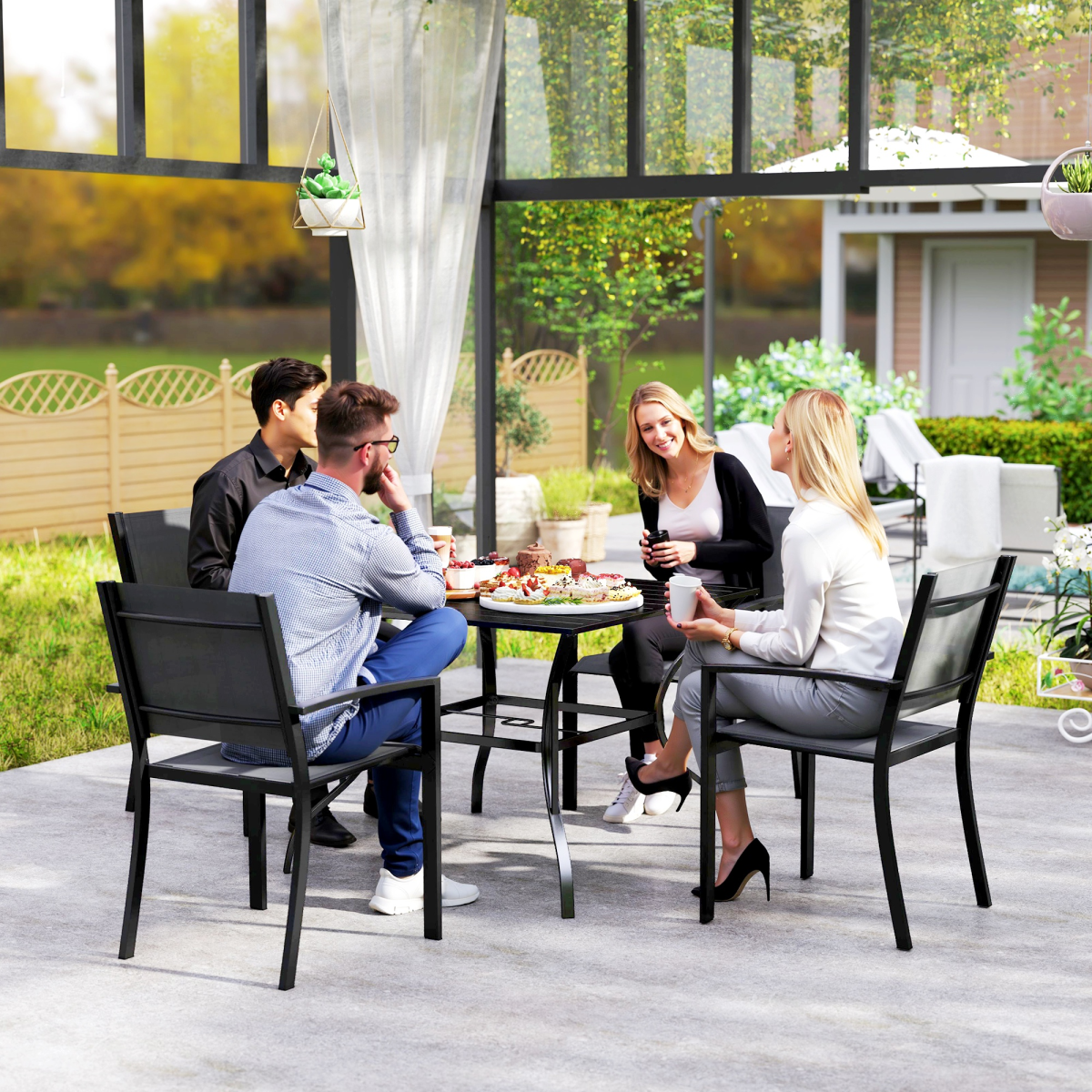 Outsunny Garden Table with Parasol Hole for Four, Slatted Metal Plate Top