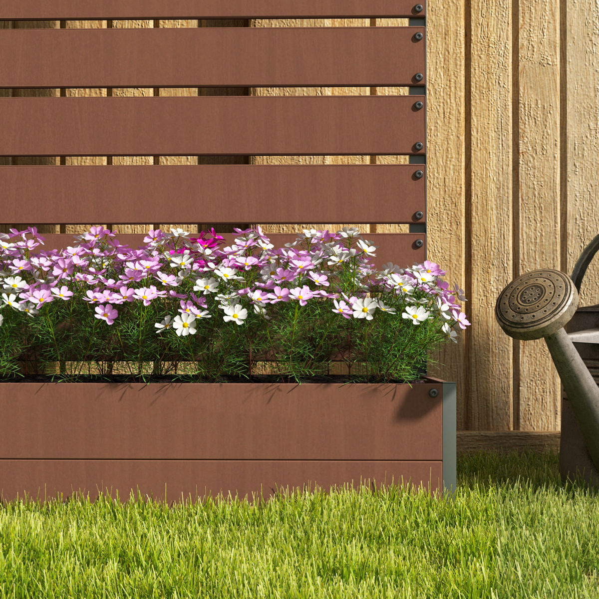Outsunny Raised Garden Bed with Trellis, Standing Patio Planter Box, Wood-Plastic Composite, Light Brown