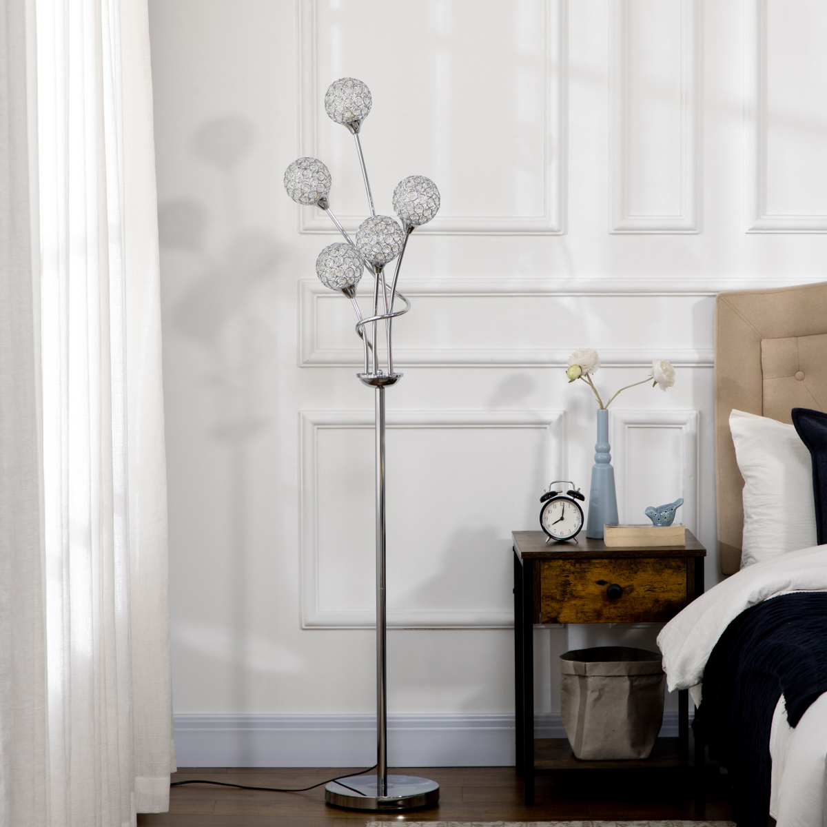 HOMCOM Crystal Floor Lamp, 5-Light Upright Standing Lamp, Silver