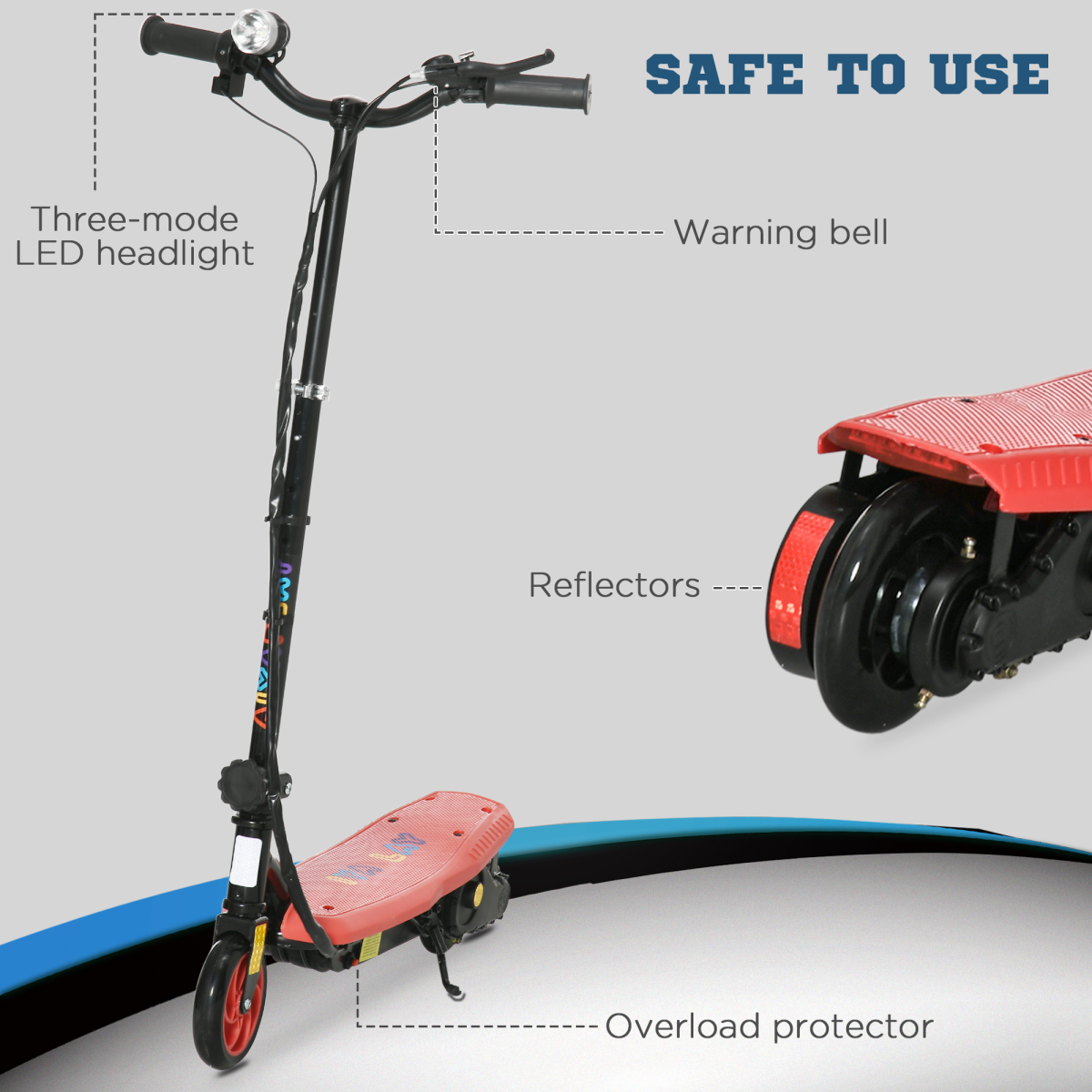 Folding Electric Scooter with LED Headlight, Ages 7-14, Red