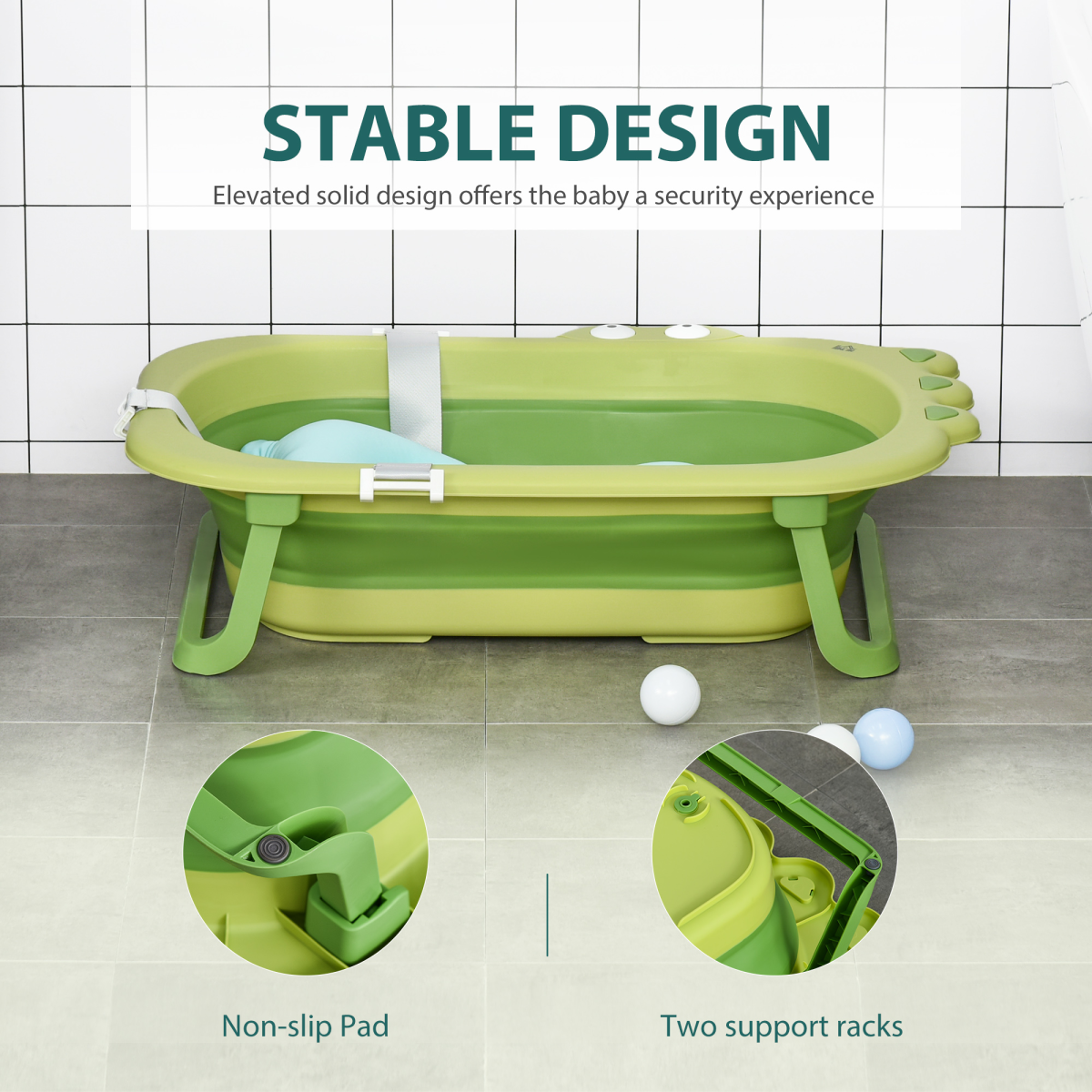 Foldable Baby Bath Tub with Cushion for Ages 0-3, Green