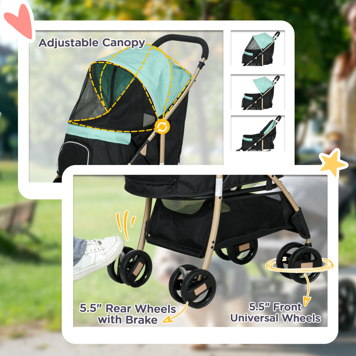 PawHut Foldable Pet Stroller for XS and S Dogs with Rain Cover - Green