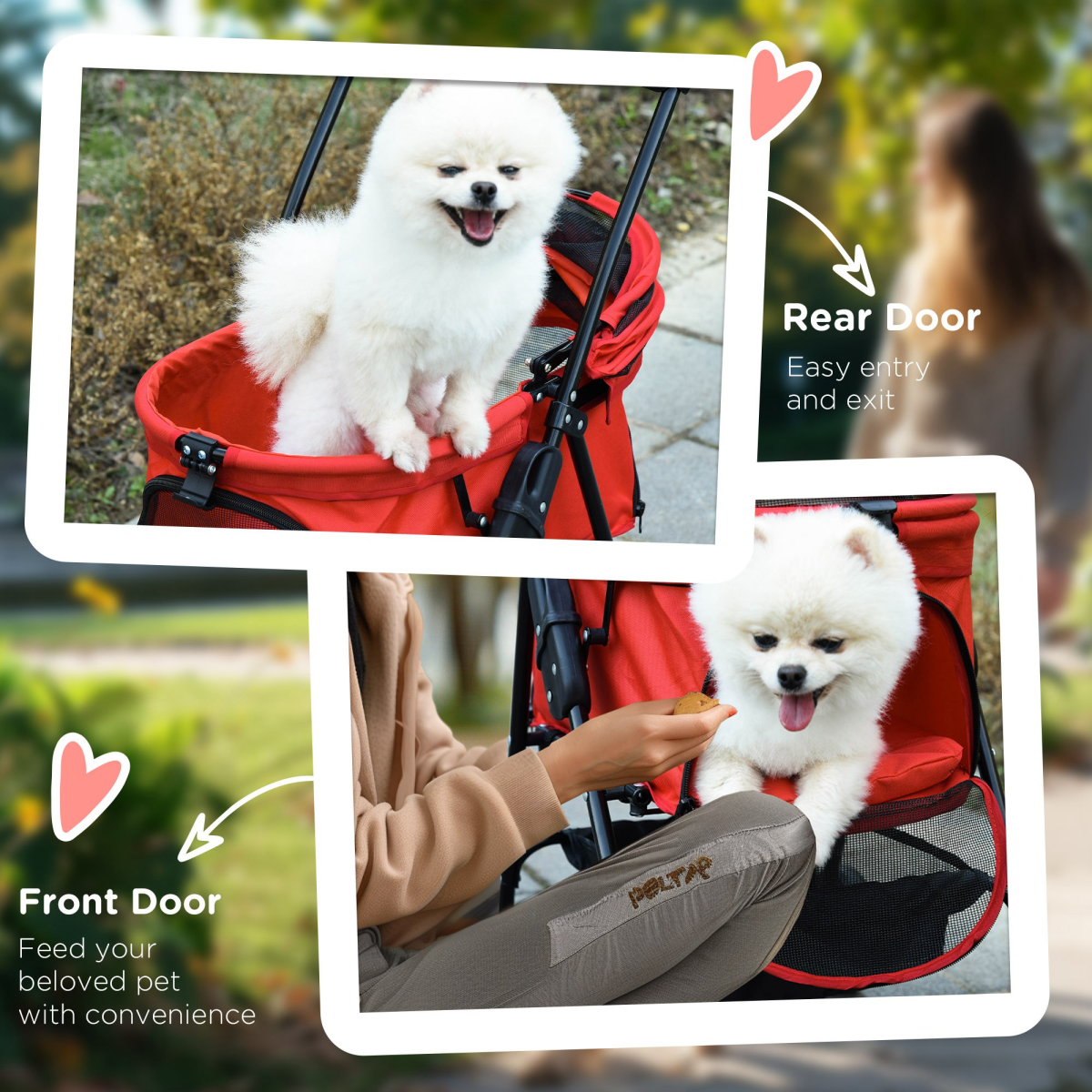 No-Zip Foldable Pet Stroller with Brake Wheels, Adjustable 4-Position Canopy, Basket, Safety Leashes, Steel Frame