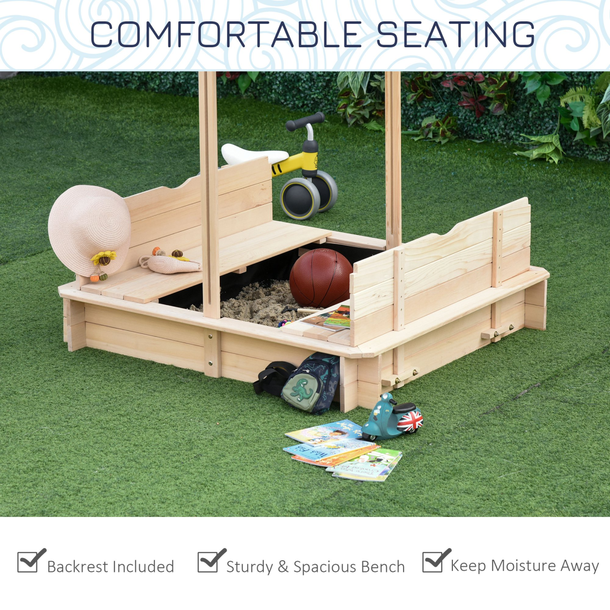Outsunny Kids Wooden Sandpit with Adjustable Canopy and Benches