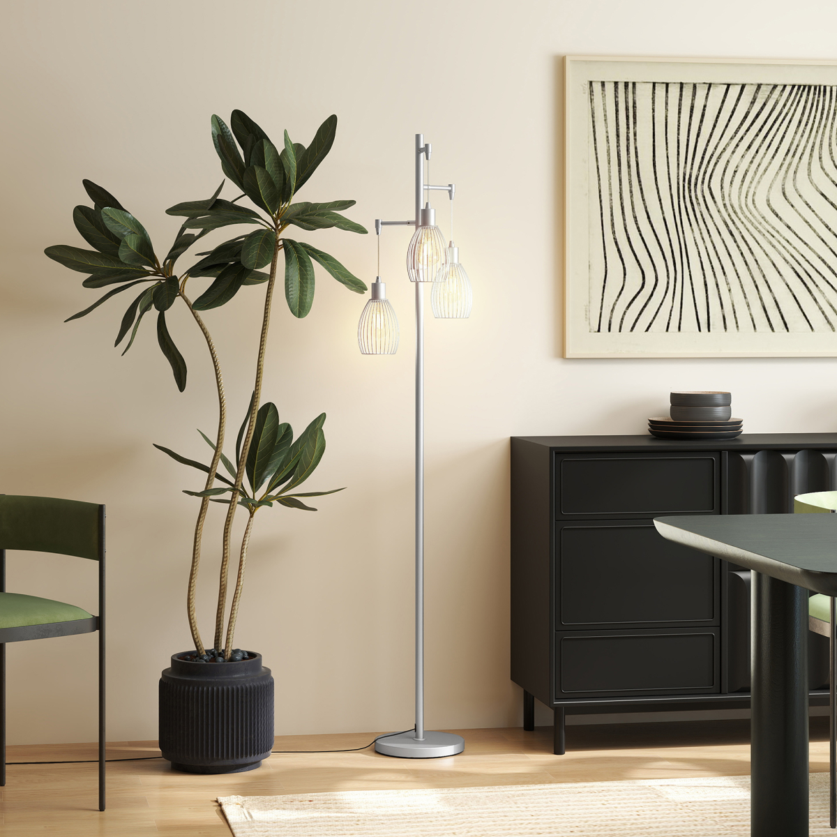 HOMCOM Industrial 3-Light Dimmable Floor Lamp, Silver Tone