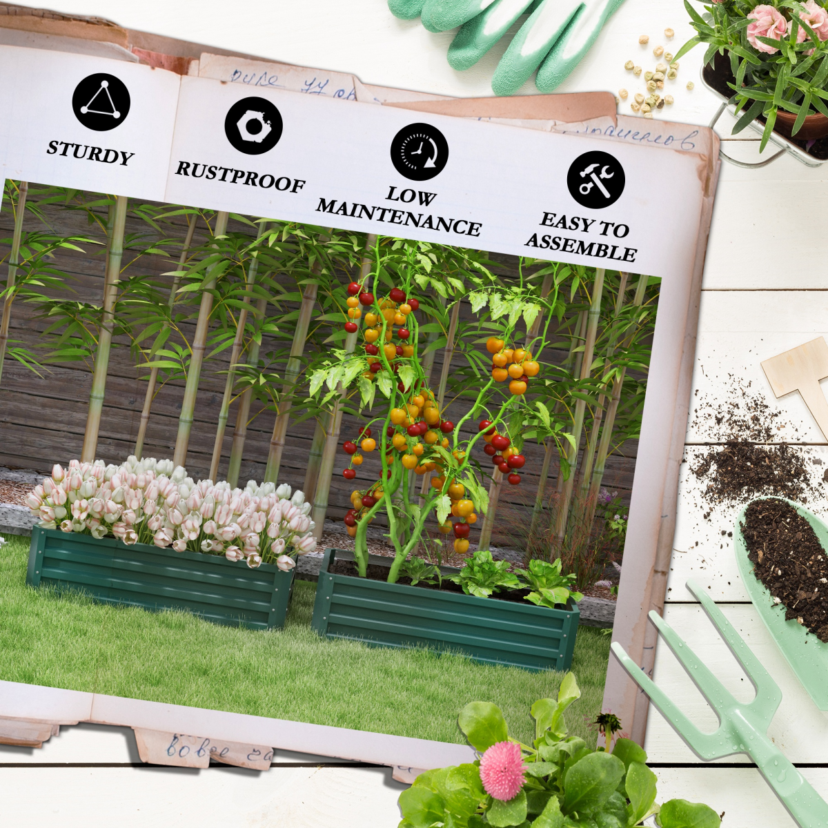 Outsunny Set of 2 Green Galvanised Steel Raised Garden Bed Planter Boxes