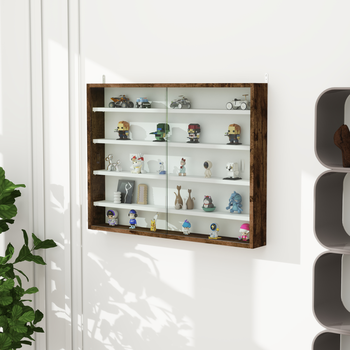 HOMCOM 5-Tier Wall Display Shelf Cabinet with Glass Doors, Rustic Brown