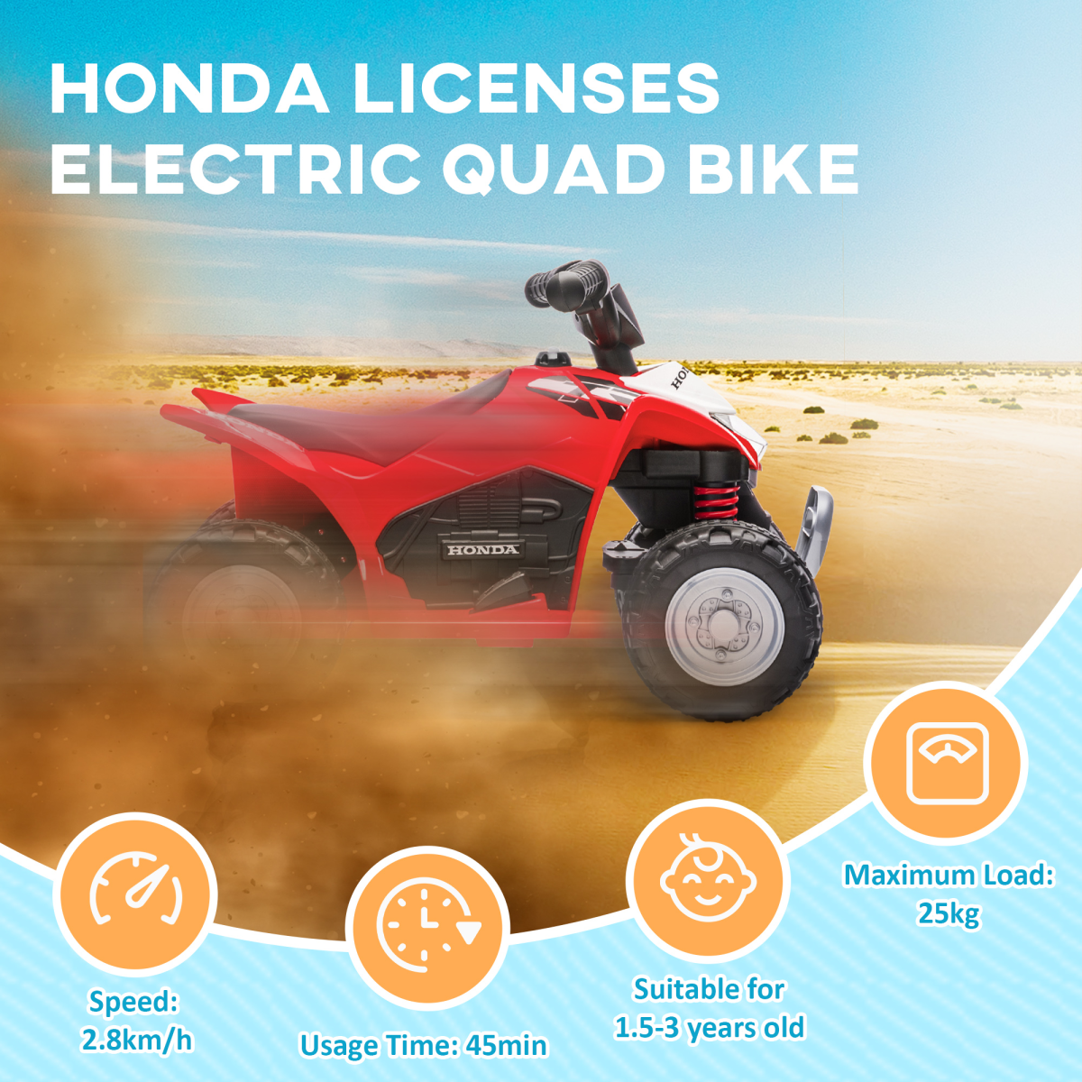 AIYAPLAY Honda Licensed 6V Kids Electric Quad Bike, Red, 18-36M