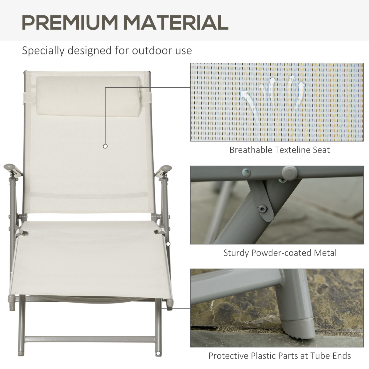 Outsunny Folding Sun Lounger, 7-Position Adjustable, Padded, White