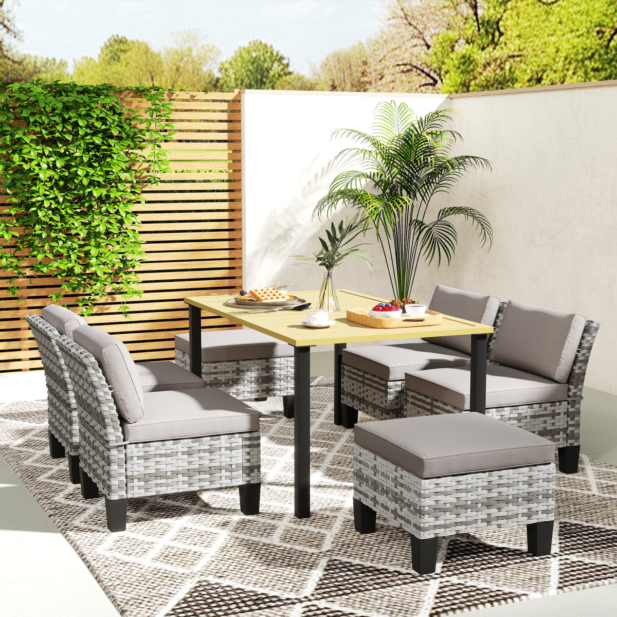 Outsunny 7-Piece Grey Rattan Garden Dining Set, Cushions Included
