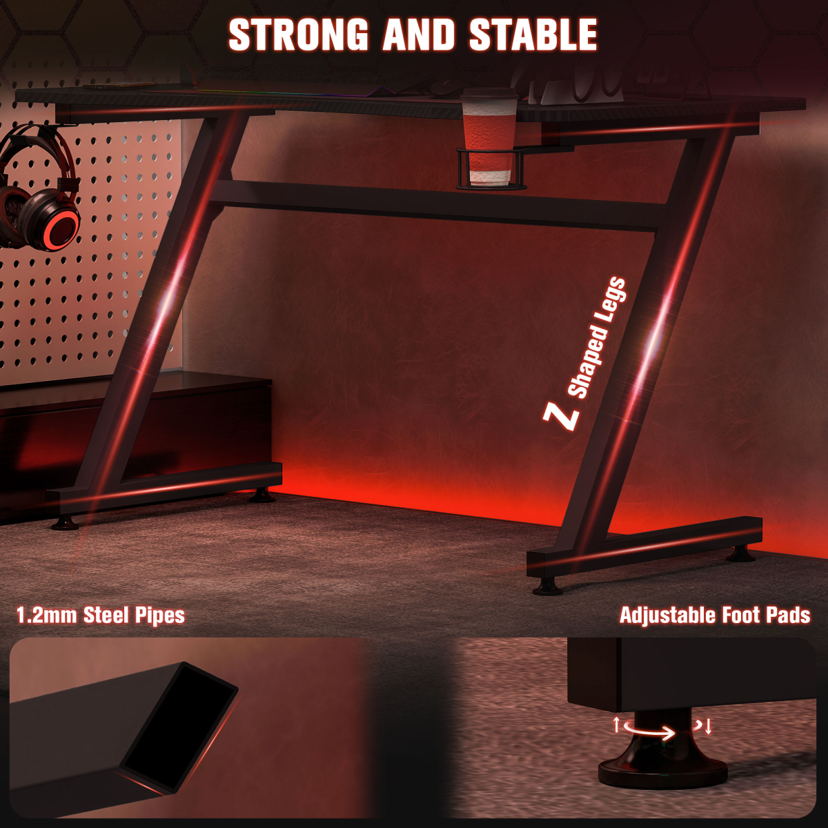 Gaming Desk Steel Frame with Cup Holder, Headphone Hook, Cable Organizer, Adjustable Feet, Black