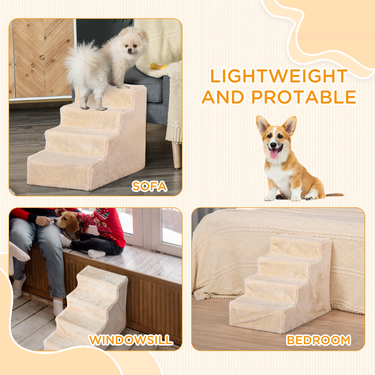 PawHut Beige Portable Dog Stairs with Washable Plush Cover for Beds & Sofas