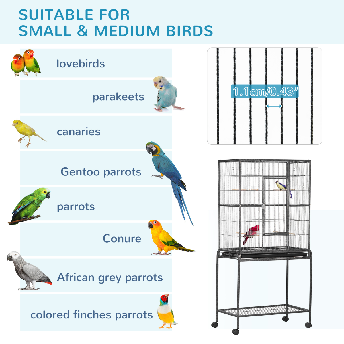 Pawhut Rolling Bird Cage with Detachable Stand, Storage Shelf, Wooden Perches, Food Containers