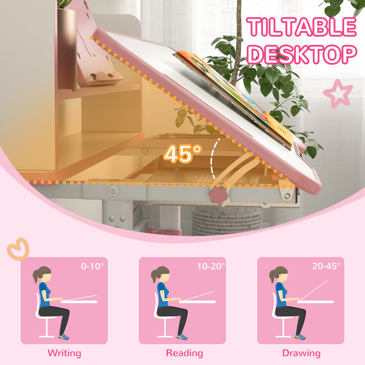 ZONEKIZ Adjustable Kids Desk and Chair Set with Drawer, Bookshelf, Pink