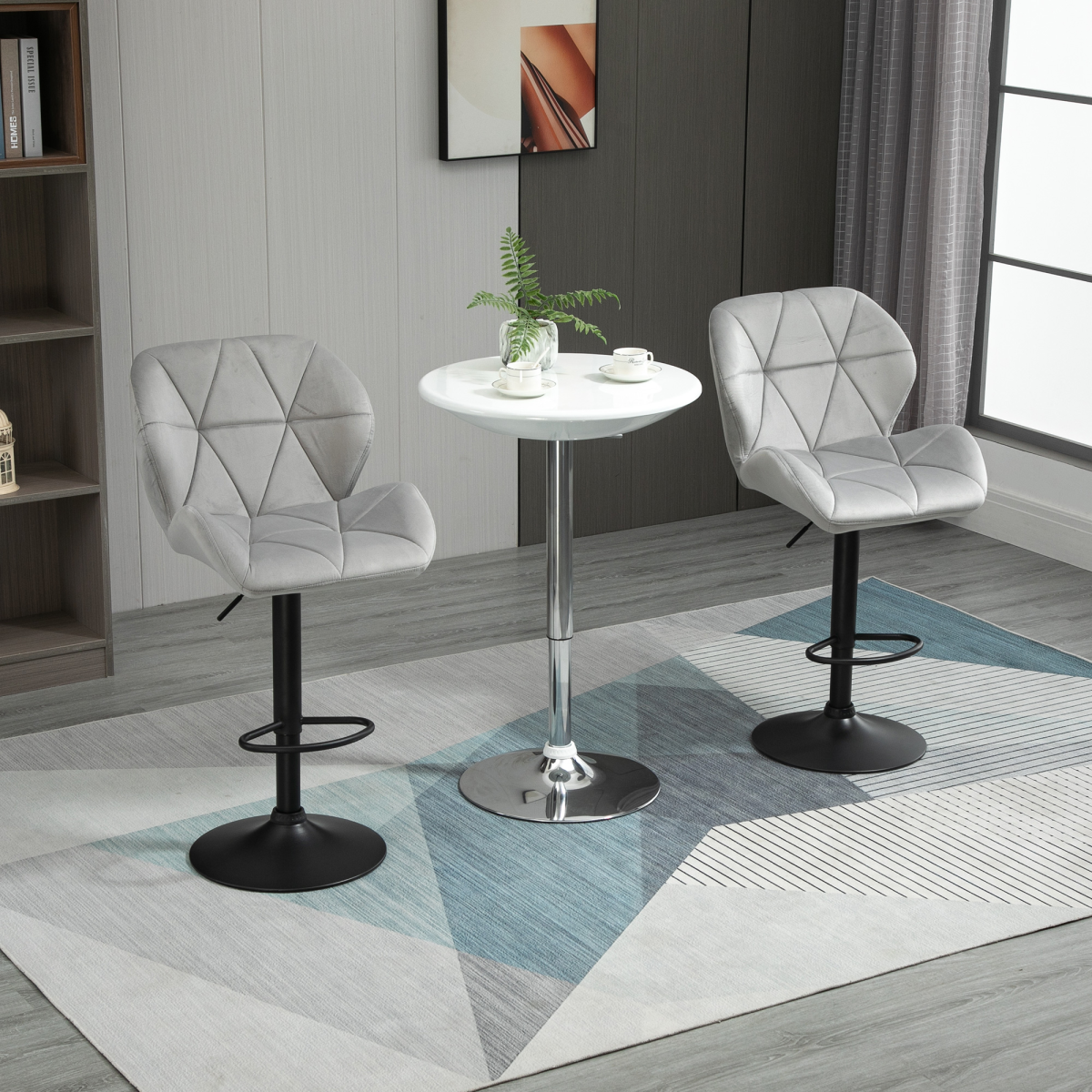 Set of 2 Adjustable Height Fabric Bar Stools, Light Grey