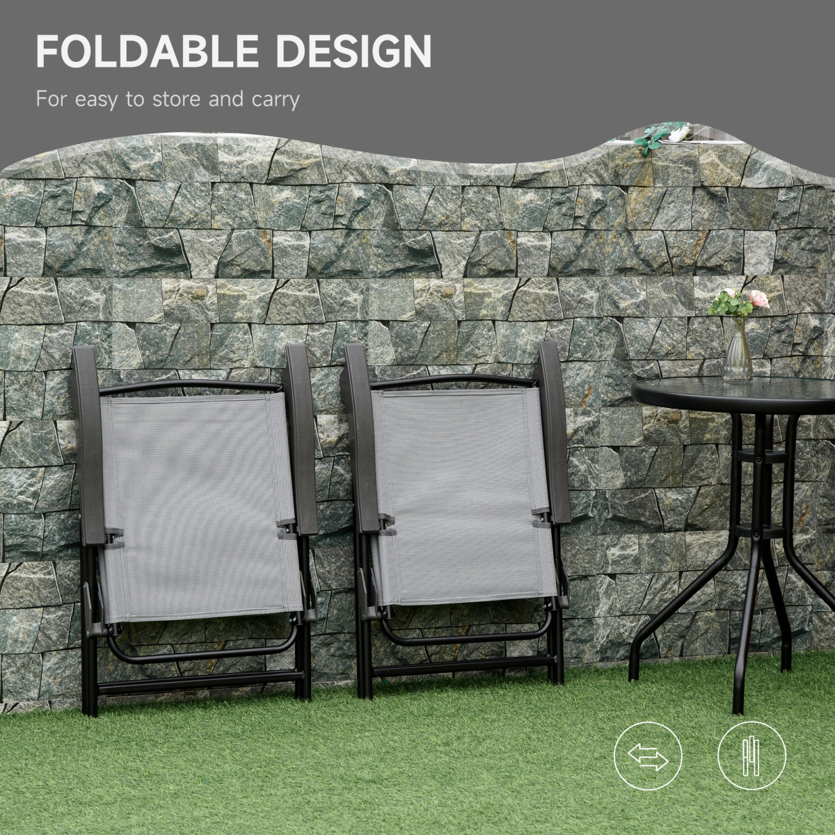Grey Patio Bistro Set with Folding Chairs and Tempered Glass Coffee Table for Balcony, Outsunny