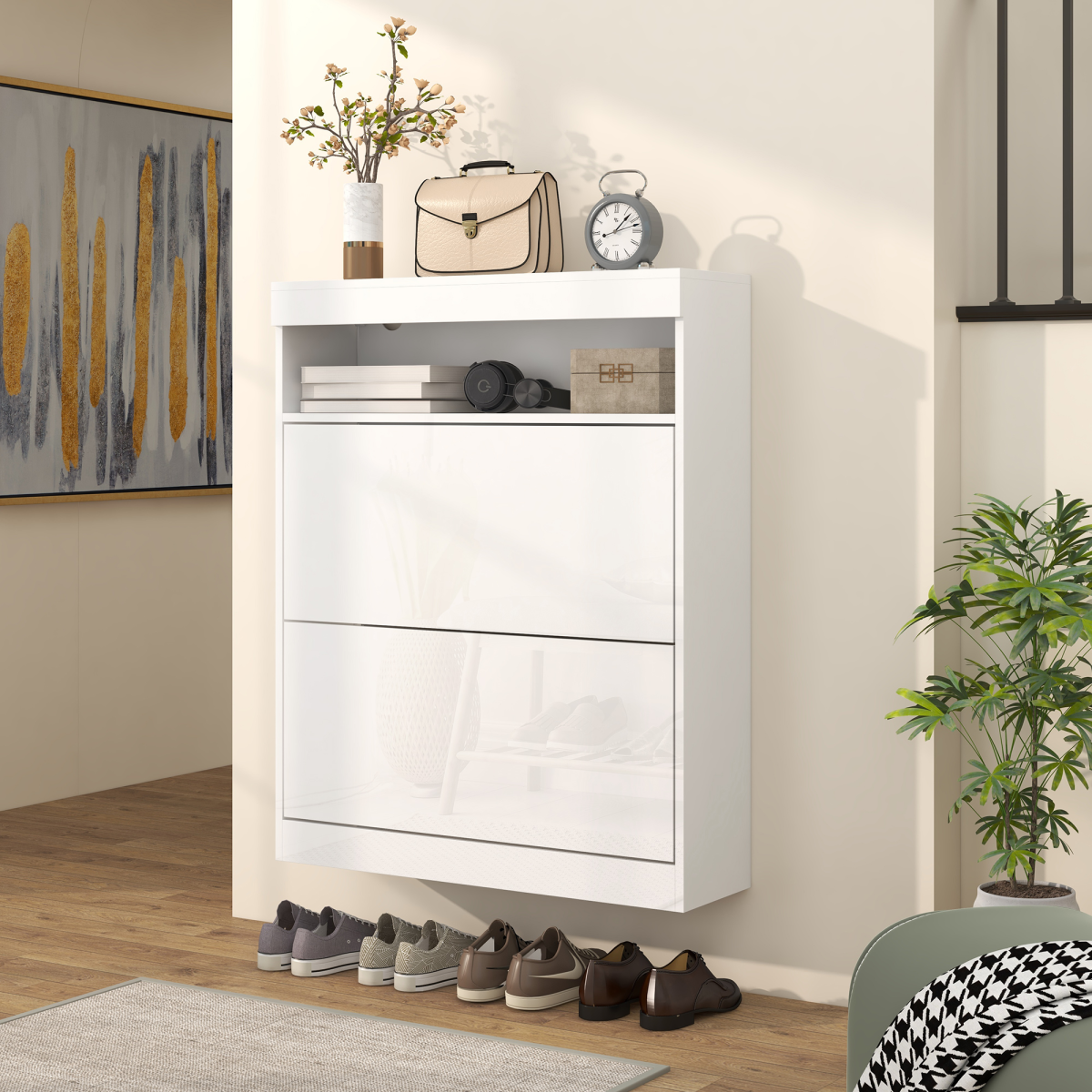 HOMCOM 2-Drawer Flip Shoe Cabinet, Wall Mounted or Freestanding, White