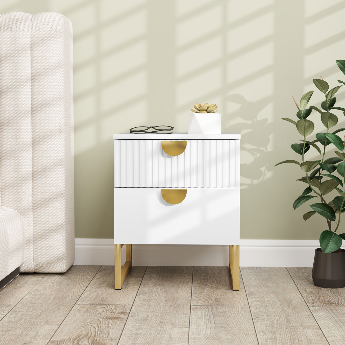 HOMCOM White Bedside Table with 2 Drawers, MDF, Metal Base