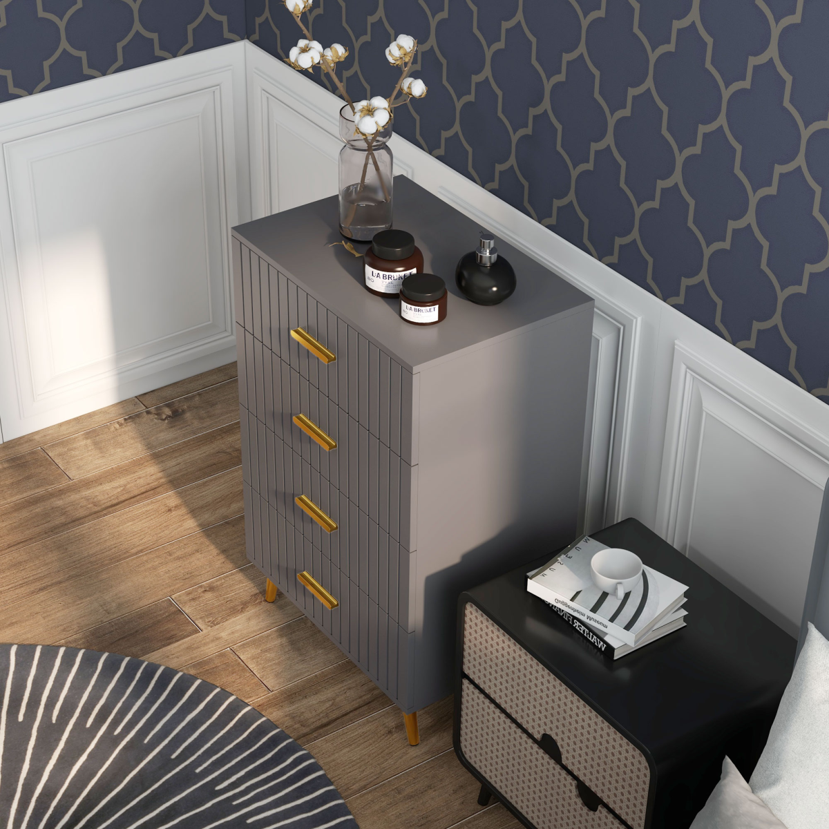 HOMCOM 4-Drawer Chest of Drawers, Grey with Gold Accents, Aluminium Legs